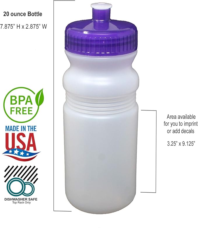 Rolling Sands 20 Ounce Sports Water Bottles 6 Pack, BPA-Free, Made In USA, Dishwasher Safe, Clear Frost Bottles/Purple Lids