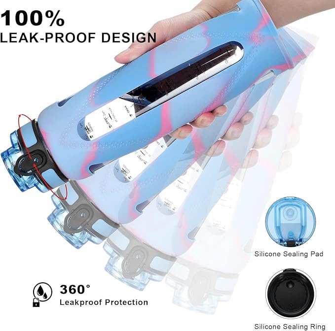 GOPPUS Glass Water Bottles with Straw and Flip Lid, Motivational Water Bottles with Time Marker Reminder and Silicone Sleeve, Leakproof, BPA Free (32 oz, Light Blue and Pink)