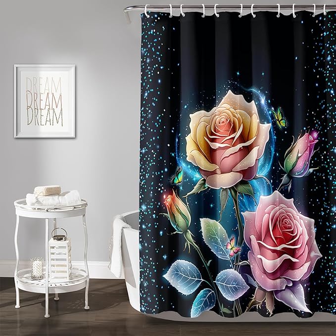 AILONEN Pink Rose Shower Curtain,Galaxy Butterfly Rose Flower Curtain for Kids Girls Women,Modern Romantic Curtain,Print Polyester Waterproof with 12 Plastic Hooks, 72" W*72" H
