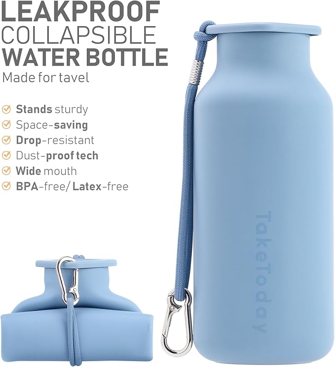 Collapsible Water Bottles 20 oz, Leak Proof, BPA Free Foldable Silicone Travel Water Bottle Cups for Taveling, Outdoors, On the go, Warm Blue