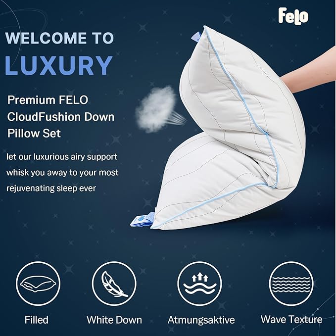 felo Feather Down Pillow King Size,CloudFusion Goose Pillow for Sleeping, Luxury Hotel Collection Bed Pillow, Supportive Soft Pillow for Side Back Pain Sleepers, 100% Organic Cotton Shell (20" x 36")
