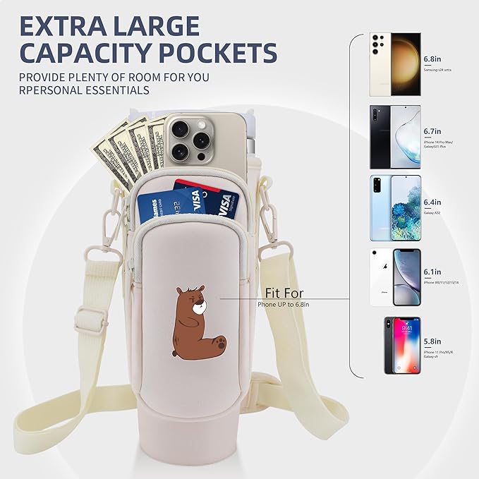 Water Bottle Carrier Bag with Phone Pocket for Stanley 40 oz Tumbler Neoprene Water Bottle Holder Pouch with Adjustable Strap Bollus with Straw Cover & Carabiner for Stanley Cup Accessories