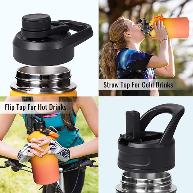 Half Gallon Water Bottle with Straw&Spout Lid, 64oz Stainless Steel Insulated Water Jug with Handle and Wide Mouth, Half Gallon Vacuum Double Walled Jug for Sports, Outdoors, Yellow&Orange 64oz