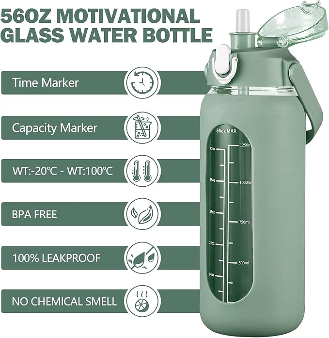 kytffu 56oz Glass Water Bottles with Straw, Motivational Glass Bottle with Silicone Sleeve and Time Marker, Leakproof Large Glass Water Jug for Gym Home Office,Olive