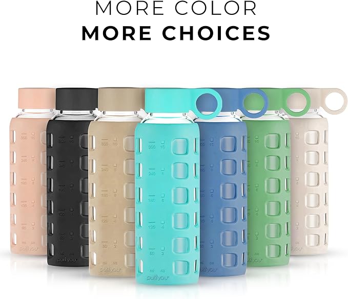 purifyou Premium 40/32 / 22/12 oz Glass Water Bottles with Volume & Times to Drink, Silicone Sleeve & Stainless Steel Lid Insert, Reusable Bottle for Fridge Water, Milk, Juice (12oz Aqua Blue)