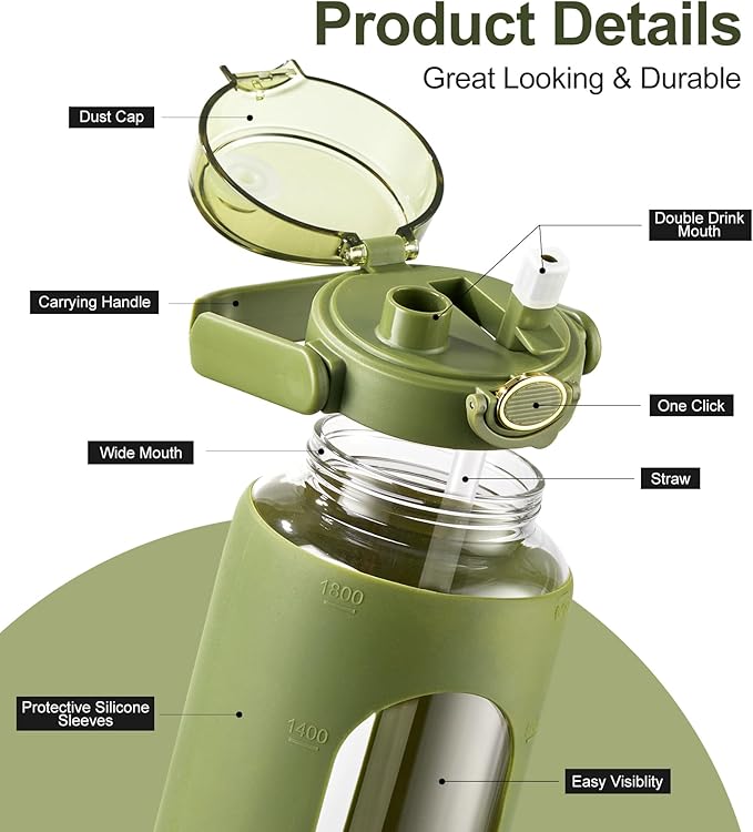 TKK 64 OZ Glass Water Bottle with Straw and Handle Half Gallon Bottle with Silicon Sleeve 2L Sports Water Bottles for Fitness, Gym, Workout, Workout - Olive