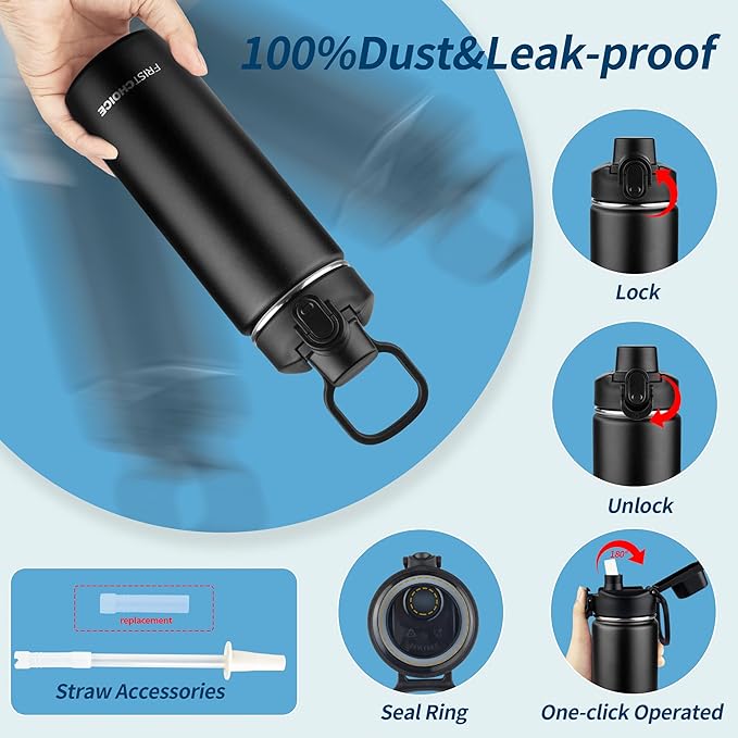Insulated water bottle with Straw,18oz Stainless Steel Water Bottle for Adult Kids,Double Wall Vacuum Wide Mouth Insulated Water Bottle for School,BPA-free and Leak-proof（18oz,Black）