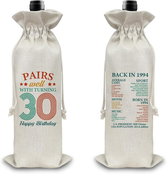 30th Birthday Gifts Wine Bag Congratulations Gifts for Women Men Parents Mom Dad Anniversary Favors 1994 with Time Information Wine Gift Bag