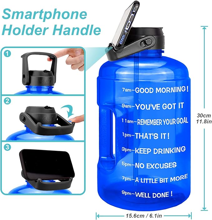 QuiFit 1 Gallon Water Bottle - with Straw & Motivational Time Marker Leak-Proof BPA Free Reusable Gym Sports Outdoor Large(128OZ) Capacity Water Jug(Blue,1 Gallon)
