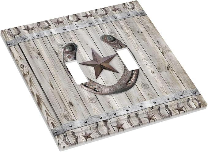 Rustic Western Wood Barn Door Horseshoe Iron Star Double Toggle Light Switch Covers 2 Gang Wall Plate Dual Decorative Switchplate Electrical Faceplate for Farmhouse Country Bedroom Decor