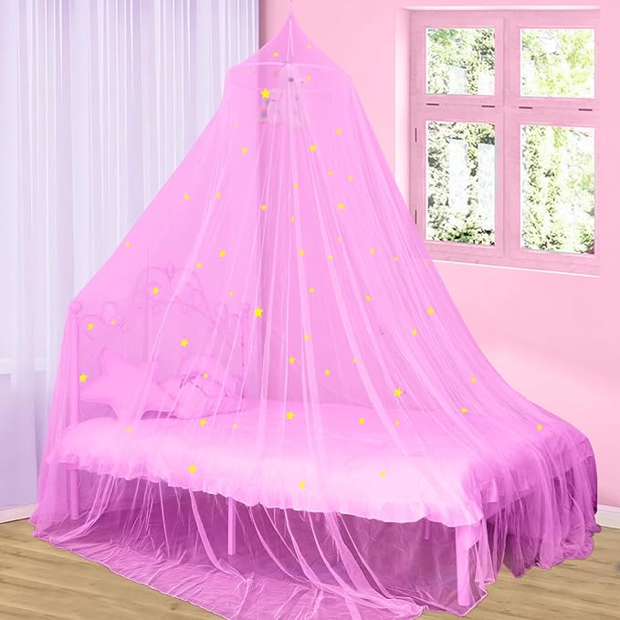 South to East Princess Bed Canopy for Girls with Glowing Stars, Pink Canopy for Girls Room, Bed Canopy Curtains from Ceiling for Twin Beds, Full Size Beds, Ideal Gift for Girls, Fire Retardant Fabric