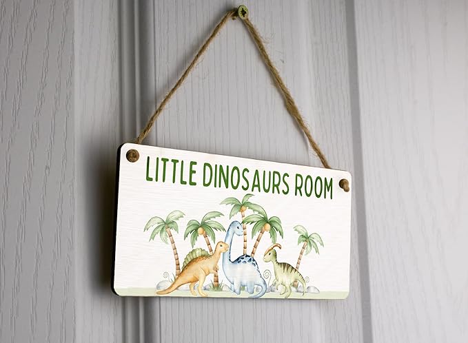 Dino Adventure Plywood Hanging Sign - Full Colour Kids Room Décor - Reads 'Little Dinosaurs Room' - Cute Dinosaur Theme Nursery & Door Sign, Silver