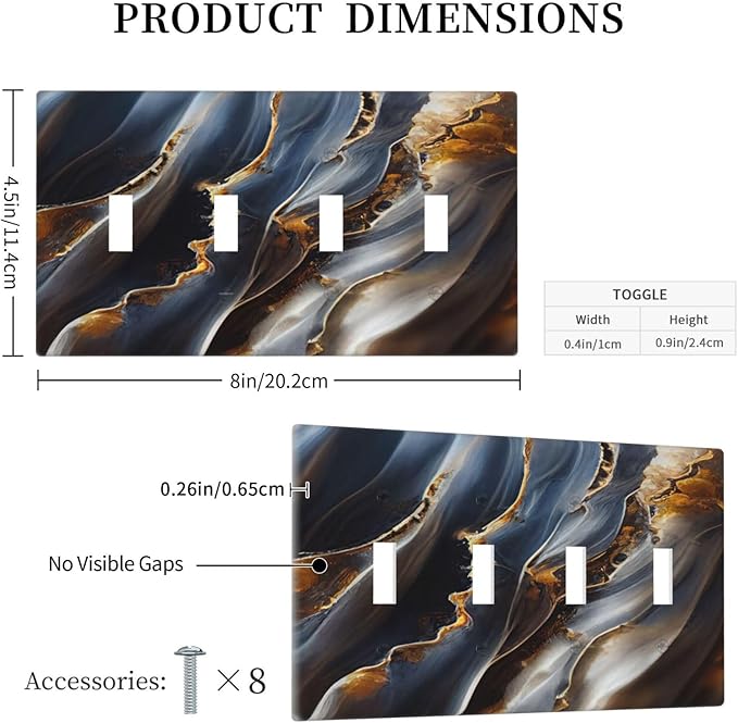 Gradient Abstract Ripple Blue Gold Marble Printed Quad Toggle Light Switch Covers 4 Gang Wall Plate Decorative Switchplate Electrical Faceplate for Kitchen Bathroom Bedroom Decor
