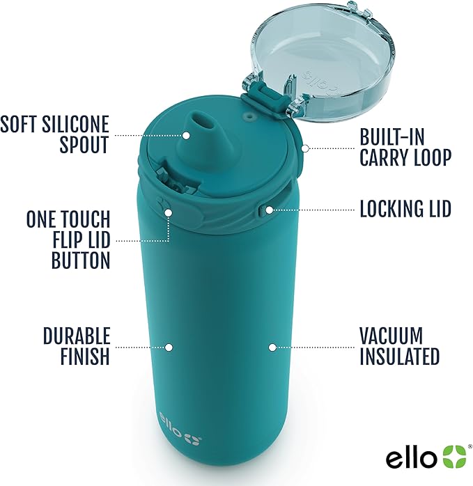 Ello Cooper 22oz Stainless Steel Water Bottle with Straw and Carry Handle, Double Walled and Vacuum Insulated Metal, Leak Proof Locking Lid with Soft Silicone Spout, Reusable, BPA Free, Antigua