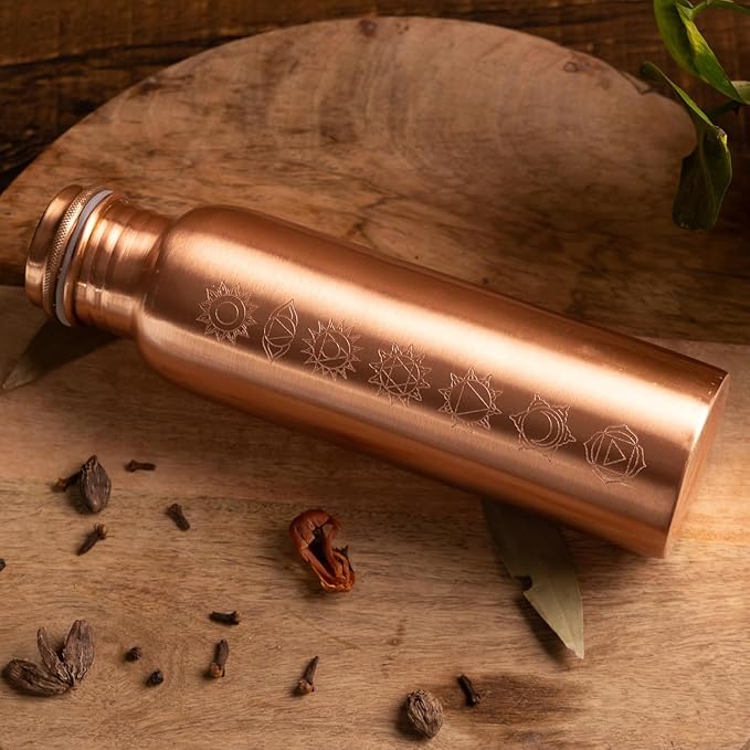 Pure Copper Metal Water Bottle - 32 oz - Indian Handmade Ayurveda Healing Drinking Water Bottle for Travel, Hiking, Gym, Office, Outdoor - Glossy Seven Chakras