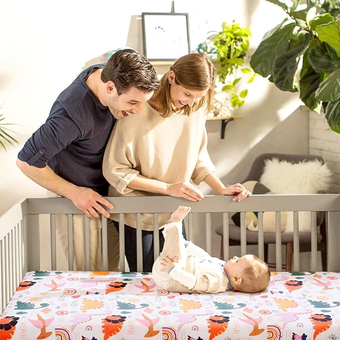 JISEN Baby Crib Sheet 1 Piece Portable Fitted Crib Sheet for Standard Crib and Toddler Mattresses Nursery Bed Decor for Boys Girls 28x52 Inch Multicolor Dinosaurs