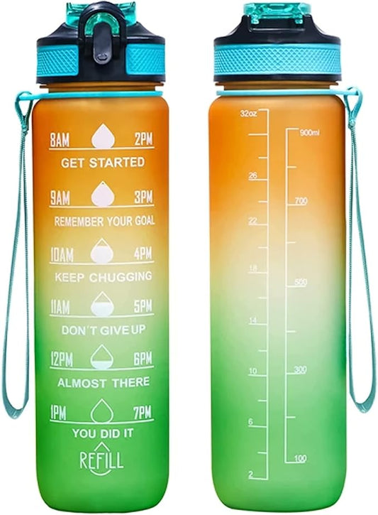 32oz Large Water Bottle with Motivational Time Marker - Sport Style with Deluxe Sip-Gulp Lid, Durable Tritan Plastic, Food Grade, Dishwasher Safe, Carry Strap (Light-Orange-Green)