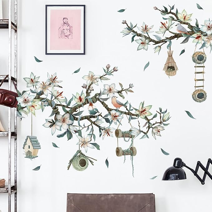 Bird on The Tree Branch Wall Decals Fresh Magnolia Spring Wall Stickers Living Room Bedroom Sofa TV Background Wall Decor