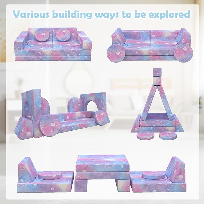 Kids Couch, 12PCS Modular Kids Play Couch with Blanket, Kids Sofa Couch with Glow Effects for Playroom & Indoor, Convertible Toddler Couch for Girls and Boys