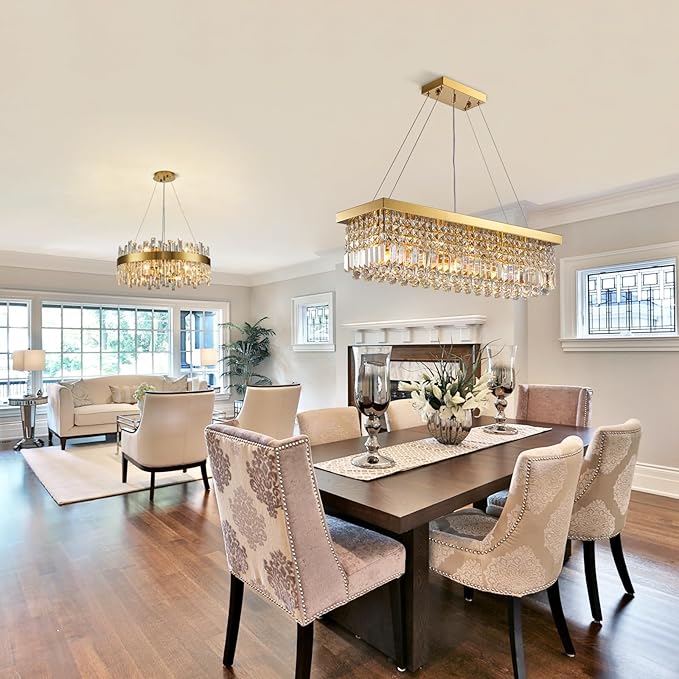 Siljoy 6-Light Modern Crystal Chandelier Rectangular Gold K9 Crystal Raindrop Chandelier for Dining Room, Luxury Adjustable Ceiling Pendant Light for Living Room Kitchen Island L31.5'' x W10'' x H10''