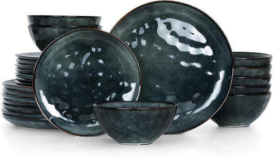 Famiware Dinnerware Sets for 8, Ocean Round 24-Piece Kitchen Plates and Bowls Sets, Microwave and Dishwasher Safe, Scratch Resistant, Deep Forest