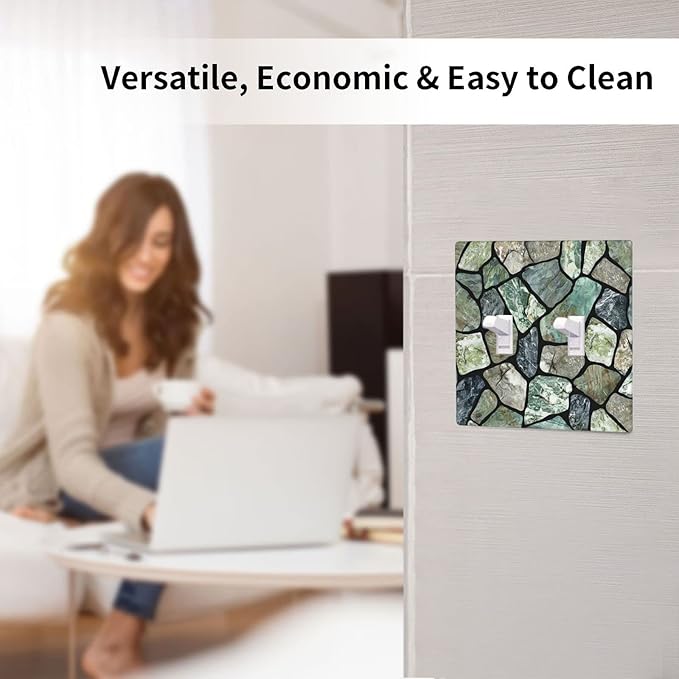 Green Stone Texture Double Toggle Light Switch Wall Plate Cover Decorative 2-Gang for Room Bathroom Bedroom Home Kitchen Two Lightswitch Polycarbonate 4.5" x 4.6"