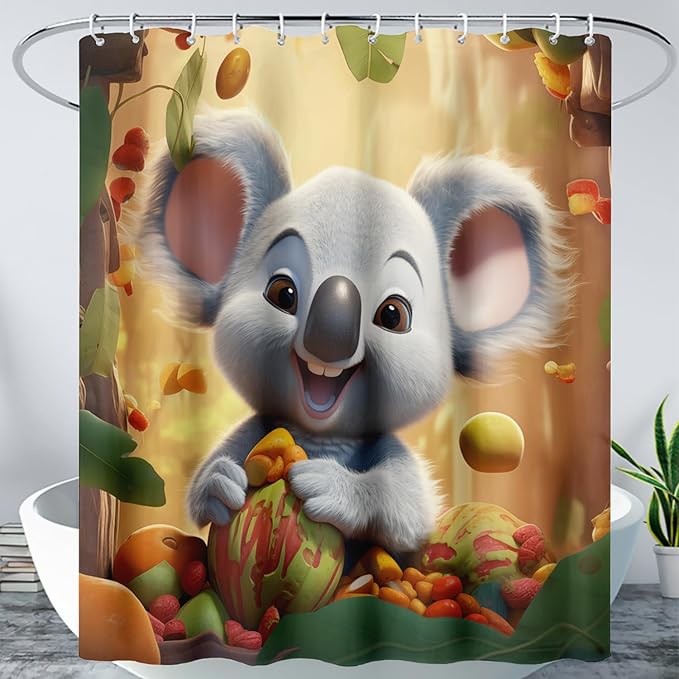 AILONEN Cartoon Koala Shower Curtain for Kids,Kawaii Fruit Koala Shower Curtain for Bathroom,Girls,Lovely Animals Shower Curtain Set with Hooks,72" W*84" H