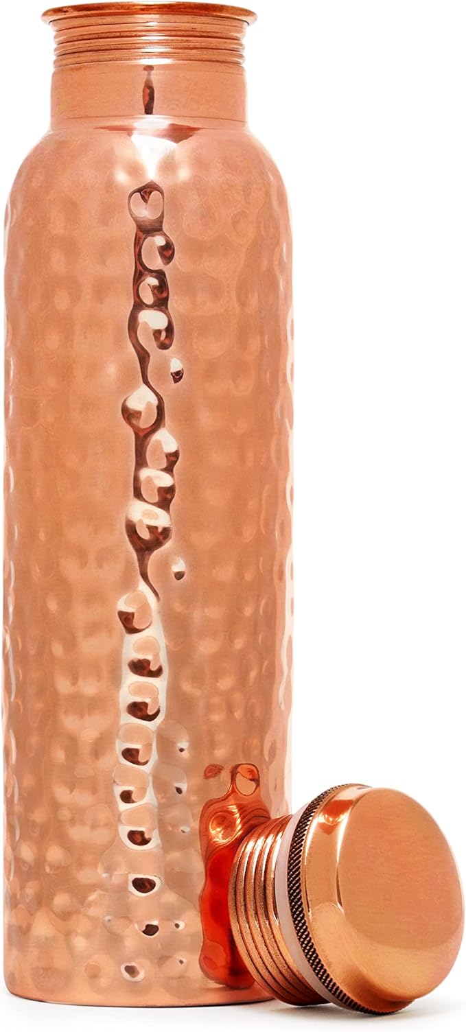Eunoia Copper Water Bottle with Lid 32 oz, Handmade Ayurvedic Copper Bottle Water Vessel, Gym Water Bottle for Sports Exercise Yoga Fitness, Hammered Natural