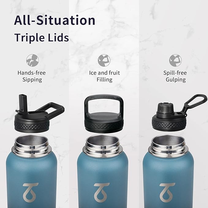 Trebo Water Bottle 40oz with Paracord Handle,Food-grade Double Wall Vacuum Stainless Steel Insulated Jug with Straw Spout Handle Lids, Large Sports Flask Keep Cold & Hot, Ombre: Indigo/Black