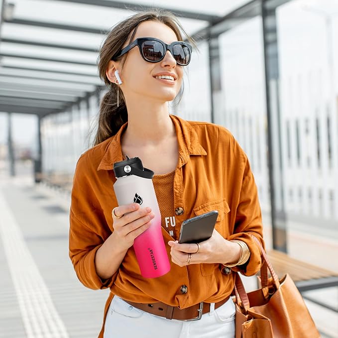 SENDESTAR Water Bottle 32oz,2 Lids(Straw lid),Wide Mouth Stainless Steel Vacuum Insulated Double Wall Keep Liquids Cold or Hot All Day,Sweat Proof Sport Design,Fit Car Cup Holder(White&Pink)