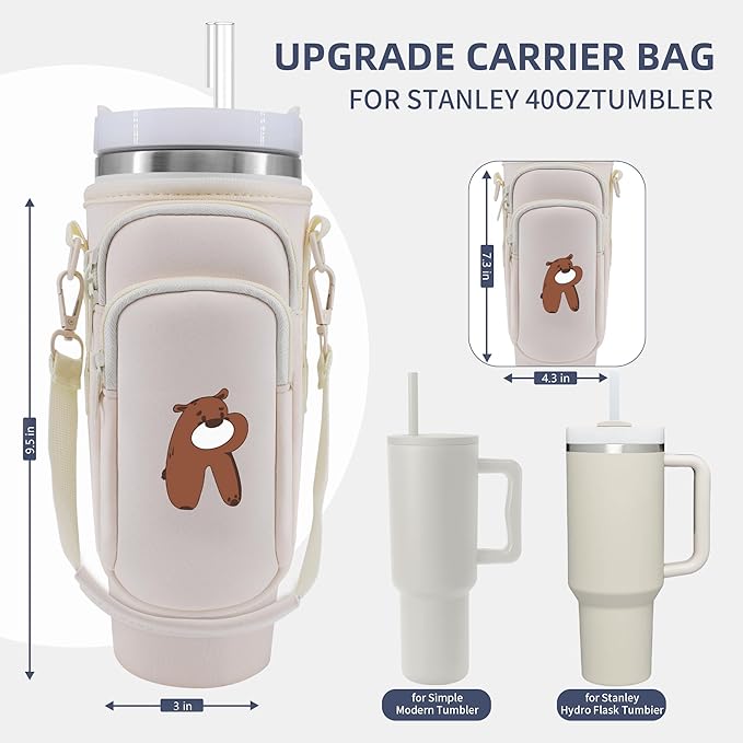 Water Bottle Carrier Bag with Phone Pocket for Stanley 40 oz Tumbler Neoprene Water Bottle Holder Pouch with Adjustable Strap Bollus with Straw Cover & Carabiner for Stanley Cup Accessories