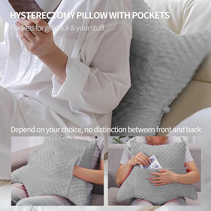 Hysterectomy Pillow with Pocket for Ice/Hot Packs, Abdominal Surgery Recovery Pillow for Women, Post-Surgery Support Cushion(Grey)