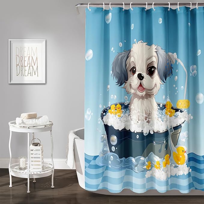 AILONEN Cartoon Bathtub Dog Shower Curtain for Kids 72" W*96" H Kawaii Shower Puppy and Duck Shower Curtain,Polyester Waterproof Fabric Decor for Bathroom Bathtub Panels