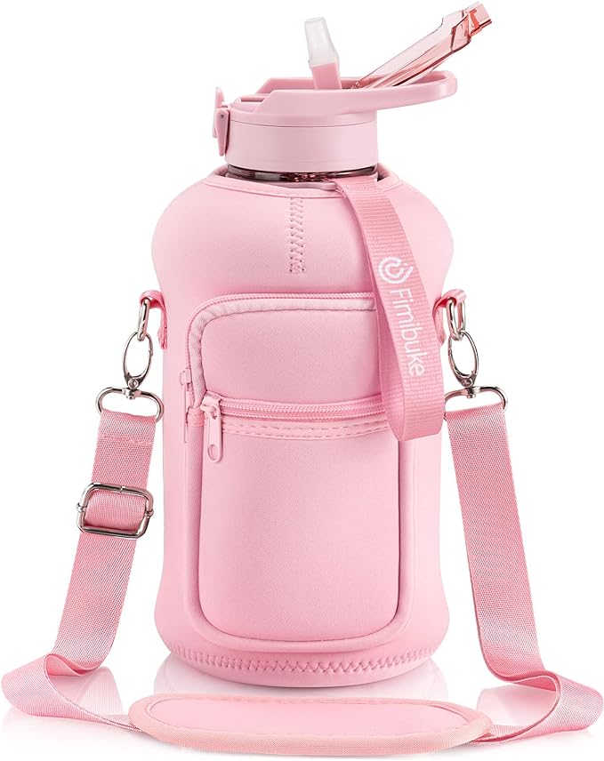 Fimibuke Half Gallon Water Bottle with Sleeve 64 OZ Water Bottle with Handle & Straw Leakproof Motivational Sports Gym Water Bottle with Time Marker BPA Free Water Jug with Reusable Neoprene Holder