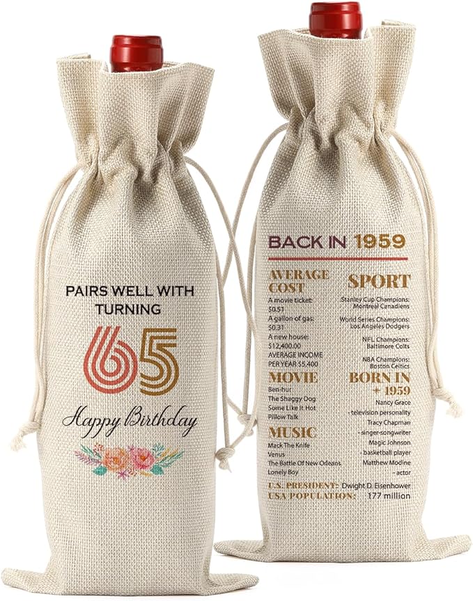 Funny 65th Birthday Gifts for Women Men Wine Bag, Happy Anniversary 65th birthday Party Decorations for Women Men Wine Bags, 65 Year Old Birthday Gifts for Women Wine Bottle Bag