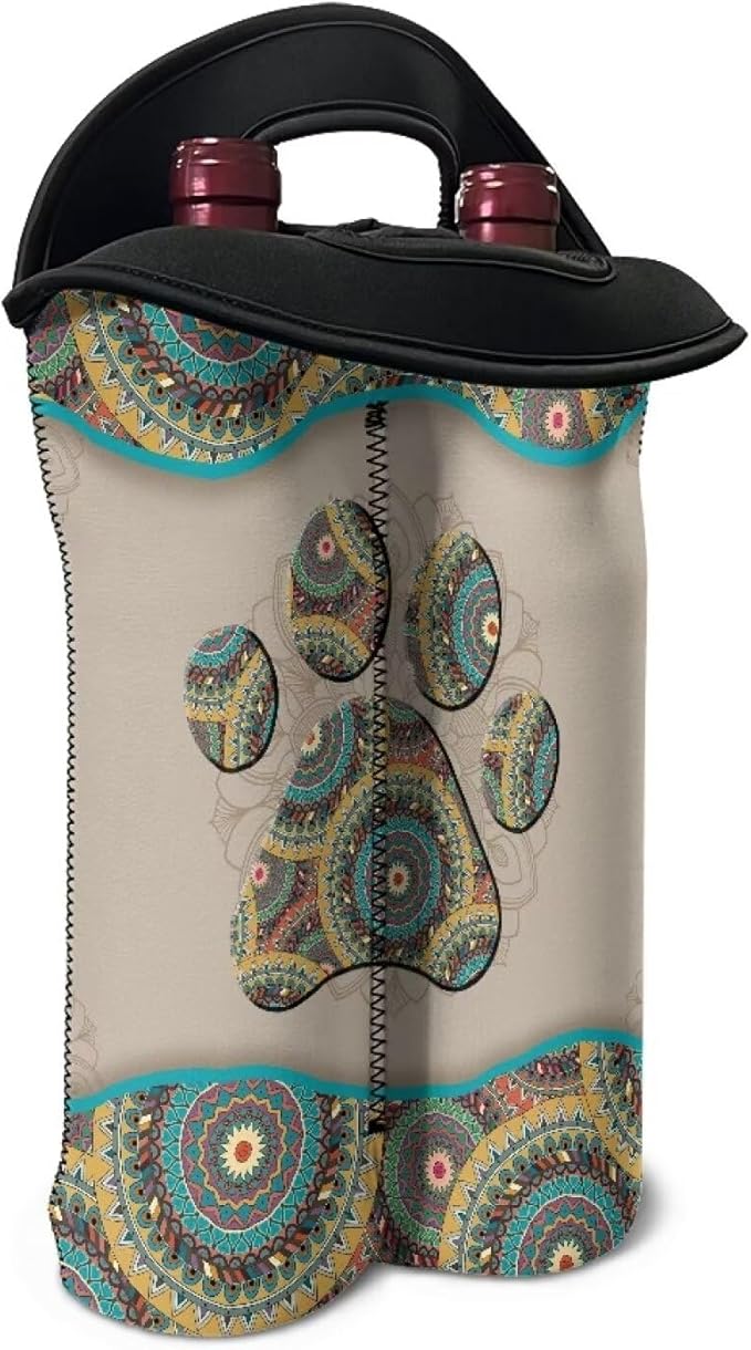 doginthehole Boho Dog Paw Print Wine Carrier Travel Bag 2 Bottle Wine Tote Portable Neoprene Champagne/Water Bottle/Beer/Drinks Carrying Bag for Travel, Picnic, Party
