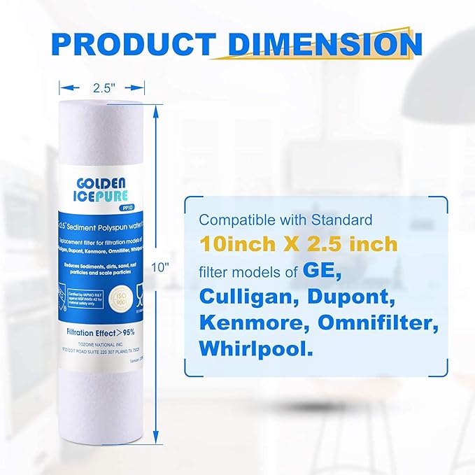 GOLDEN ICEPURE 5 Micron 10" x 2.5" Whole house Sediment Water Filter Replacement for WHKF-GD05, Aqua-Pure AP110, Culligan P5, DuPont WFPFC5002, CFS110, RS14 10 inch RO System Unit 4PACK