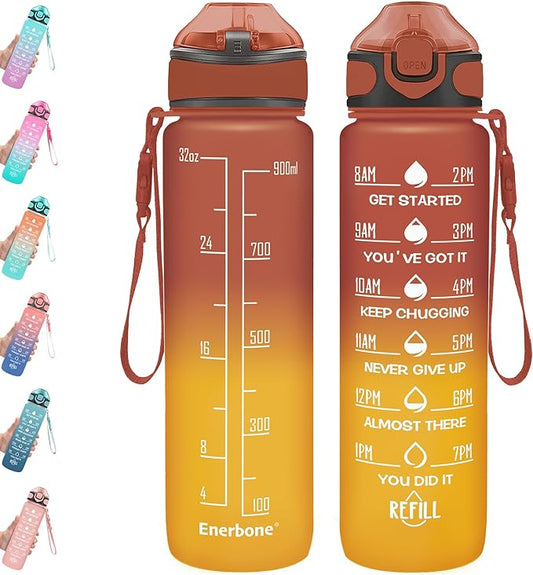 Enerbone 32 oz Drinking Water Bottle with Times to Drink and Straw, Motivational with Carrying Strap, Leakproof BPA & Toxic Free, Ensure You Drink Enough Water for Fitness Gym Outdoor