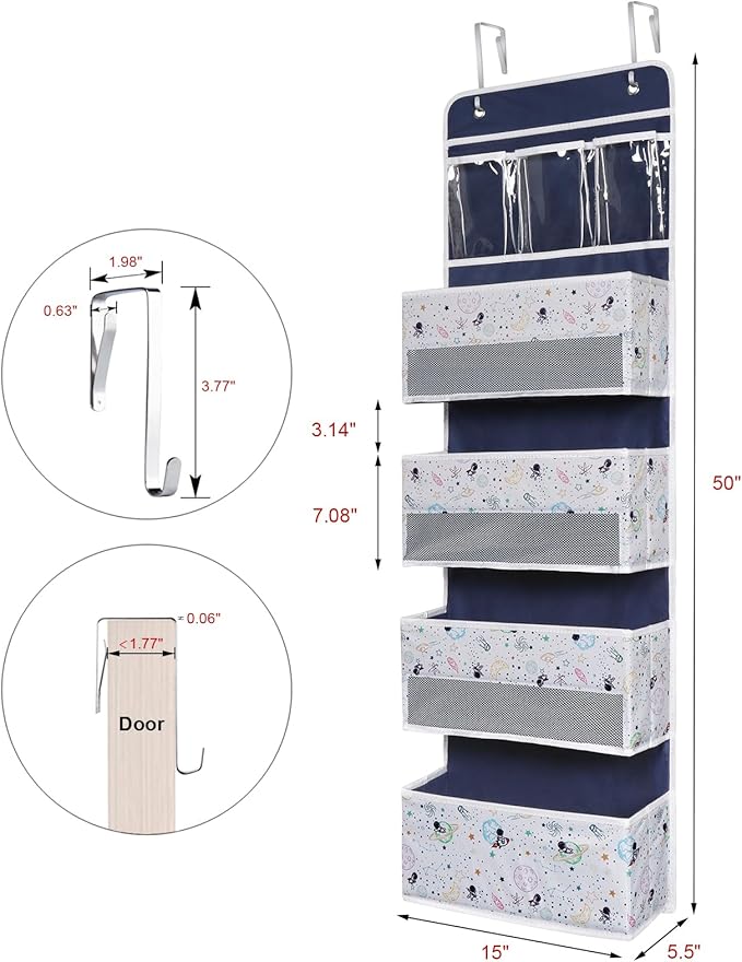 Univivi Over Door Organizer 5-Shelf Nursery Door Hanging Storage Closet with 4 Large Pockets and 3 Small PVC Pockets Over Door Organizer for Baby Essential, Toys and Sundries