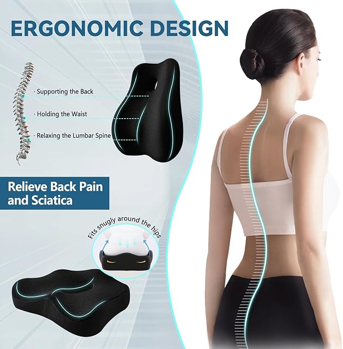 Seat Cushion & Lumbar Support Pillow Set for Office Chair, Ergonomic Pillow for Sciatica Pain Relief, Memory Foam Back Support Pillow & Chair Cushion for Gaming Chair and Travel (Black)