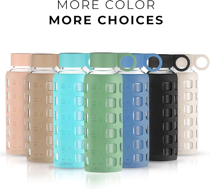 purifyou Premium 40/32 / 22/12 oz Glass Water Bottles with Volume & Times to Drink, Silicone Sleeve & Stainless Steel Lid Insert, Reusable Bottle for Fridge Water, Milk, Juice (12oz Shale Green)