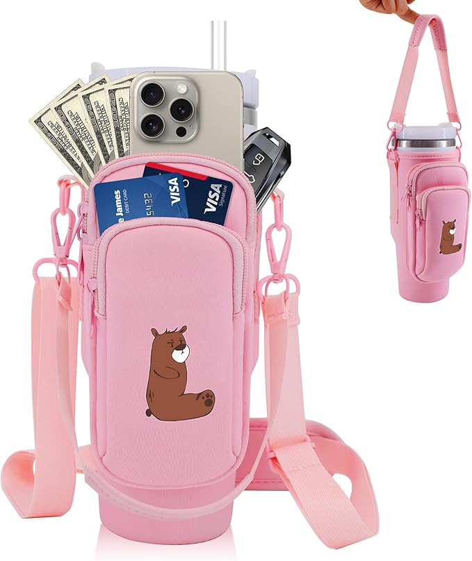 Water Bottle Carrier Bag for Stanley Cup Accessories, for Stanley Tumbler 40 Oz with Handle Holder Bag with Strap Neoprene Bollus with Straw, Straw Cover, Carabiner (Off White)