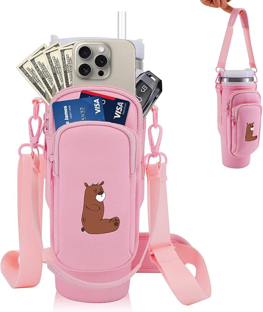 Water Bottle Carrier Bag for Stanley Cup Accessories, for Stanley Tumbler 40 Oz with Handle Holder Bag with Strap Neoprene Bollus with Straw, Straw Cover, Carabiner (Off White)