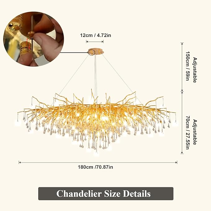 70.87 Inch Modern Gold Crystal Chandeliers, Large Branch Raindrop Chandelier,Rectangle Chandelier Lighting Fixture 19-Light for Foyer Entryway High Ceiling Dining Room, Living Room