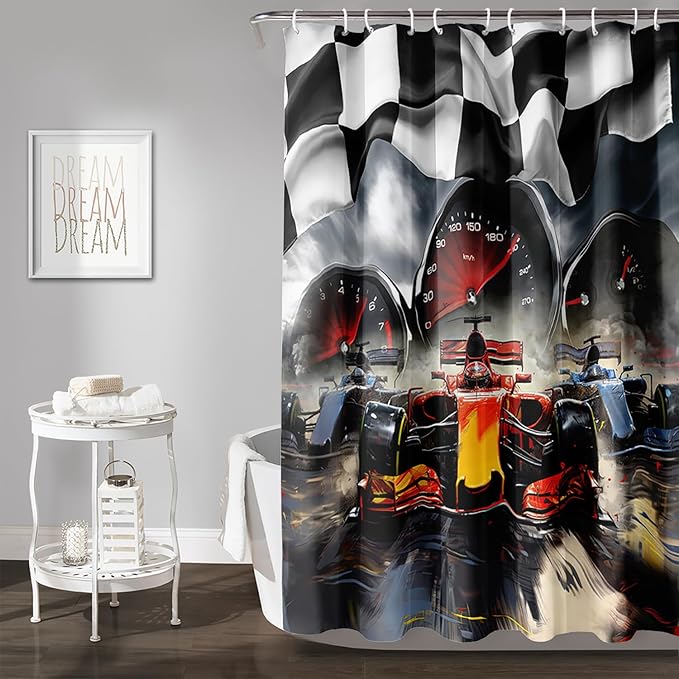 AILONEN Racing Car Shower Curtains,Checkered Speed Car Bath Curtains Gifts for Racer,Polyester Waterproof for Bathroom with 12 Plastic Hooks 72" W*84" H