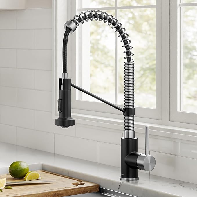 Kraus KPF-1610SFSMB Bolden 18-Inch Commercial Kitchen Faucet with Dual Function Pull-Down Sprayhead in All-Brite Finish, Spot Free Stainless Steel/Matte Black
