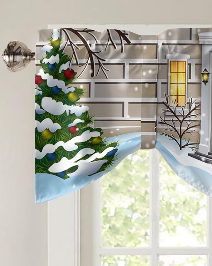 Christmas Farmhouse Blackout Tie Up Valance Curtains for Kitchen Windows Funny Santa Claus Window Toppers Balloon Shades for Living Room/Bathroom/Bedroom,1 Panel,54" X 18" Holly Xmas Tree