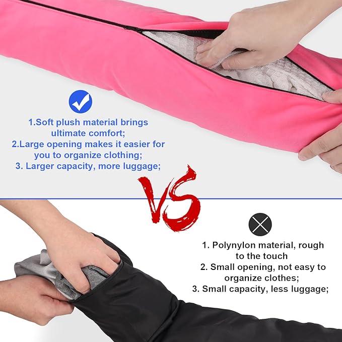 Travel Pillow Stuffable with Clothes, 7.3x31.5in Soft Plush Extra Luggage Airplane Fillable Storage Bag Transformable Neck Body Case Cover, Only Travel Pillowcase, No Filler(Rose Red)