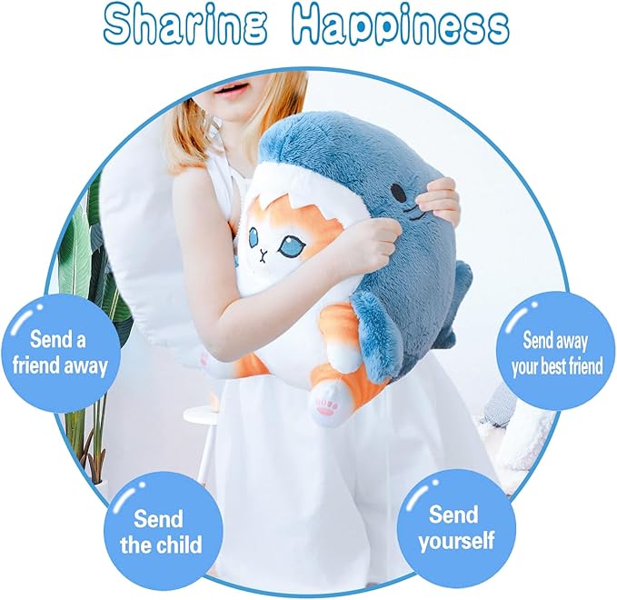 Kawaii Shark Cat Plush Toy Stuffed Animal Doll, Cute Soft Pillow Stress Release Hugs Toys Christmas Halloween Birthday Gifts for Kids Boys Girl Best Gift (Blue - Yellow,9 inch)