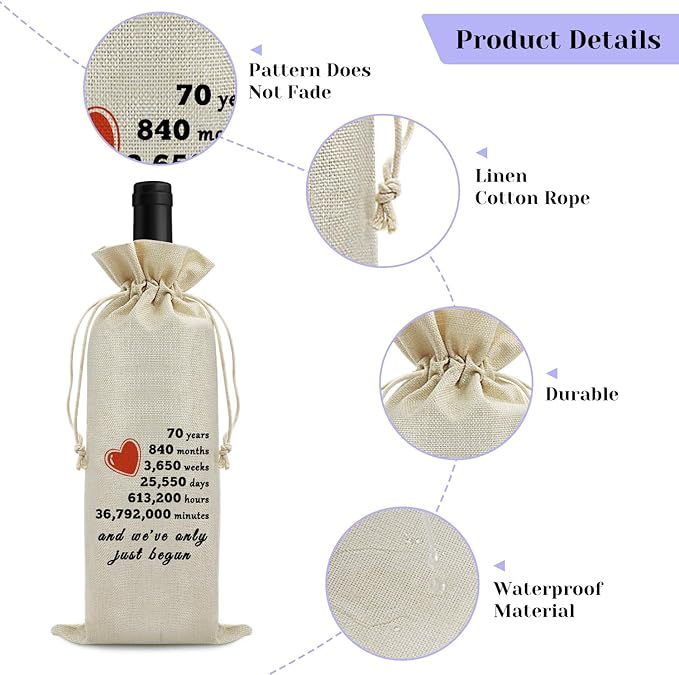 Sfodiary 70th Anniversary Wedding Gift for Wife Husband Wine Bag 70th Year Marriage Gift for Women Men Burlap Wine Wrap Bag Valentine Christmas Thanksgiving Gifts for Couples Wine Gift Bag